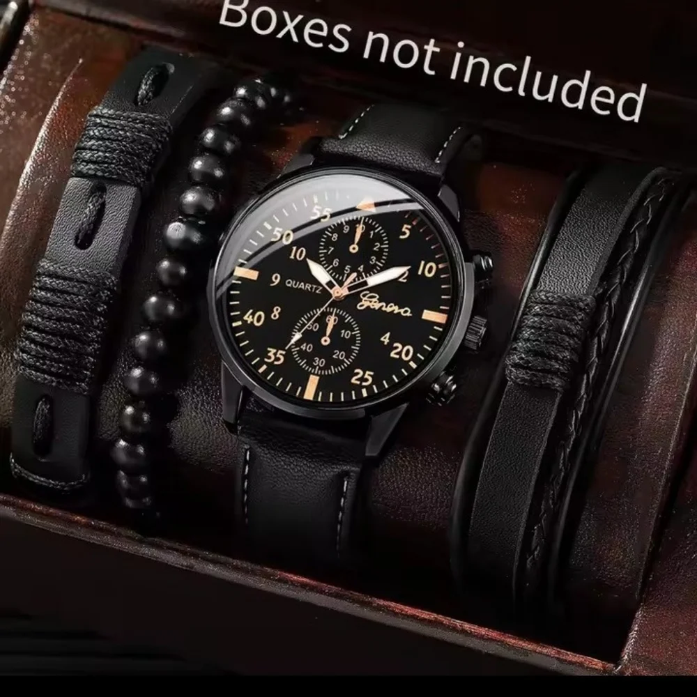 4pc Men's Watch‎ Bracelets Set Leather Braided Layered Black New f86